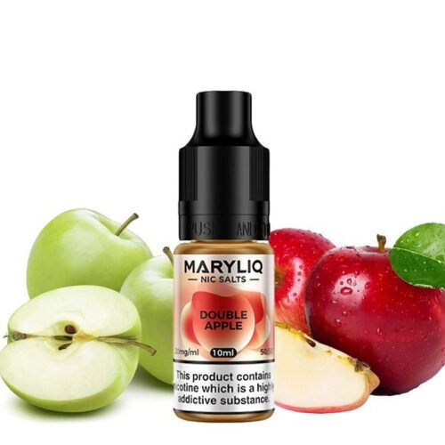 Botella de sales de nicotina sabor manzana verde y manzana roja, detrás tiene varias manzanas tanto verdes como rojas